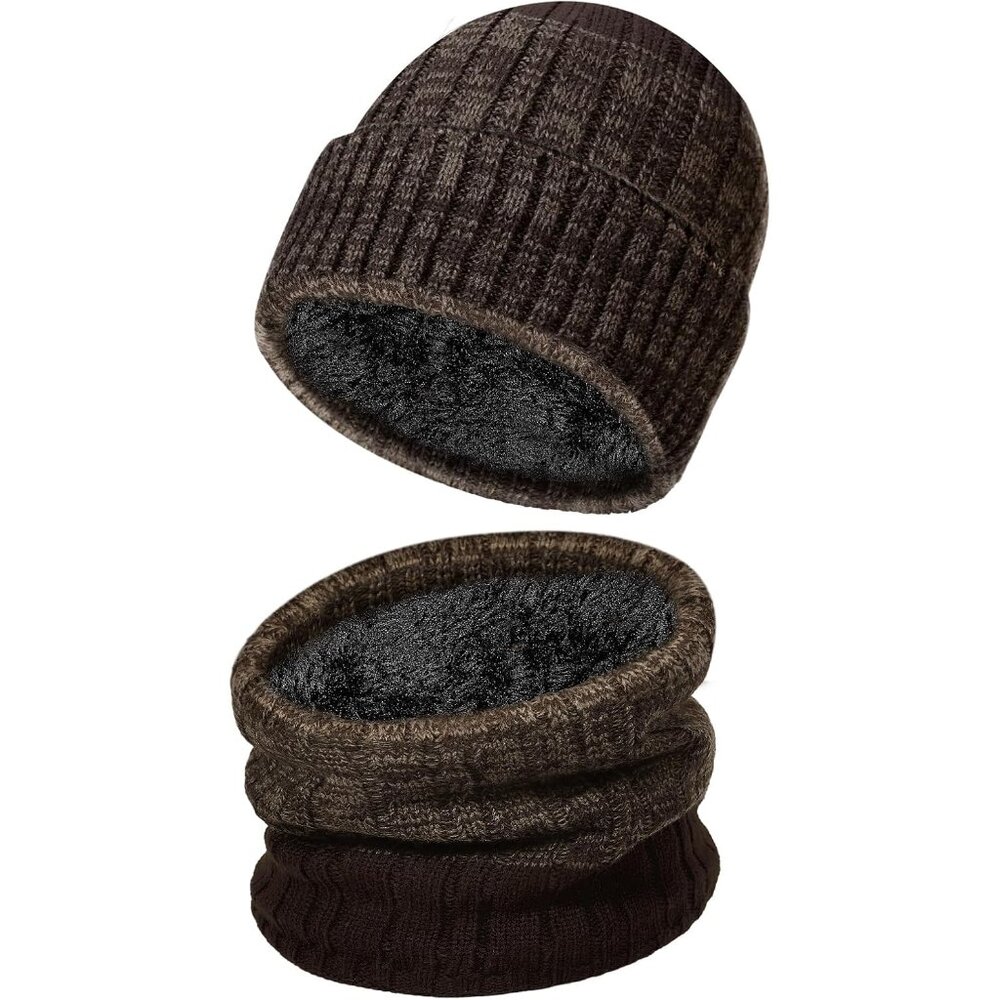Winter Hat and Scarf Set: Windproof Fleece Lined Neck Warmer Warm Knit Beanie fo